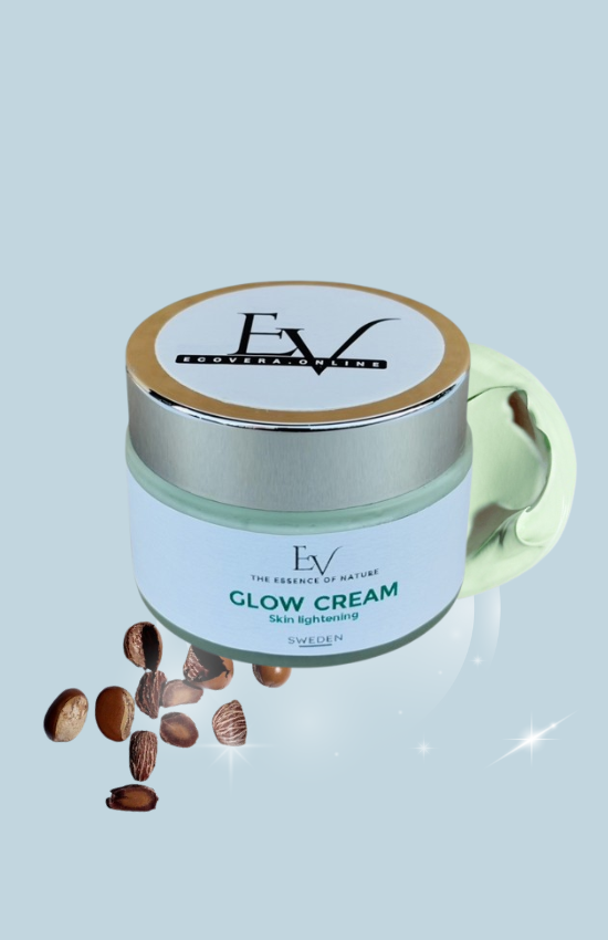 Glow Cream positioned against a vibrant natural setting, spotlighting its skin lightening and collagen-boosting features enriched with Hyaluronic Acid and Niacinamide.