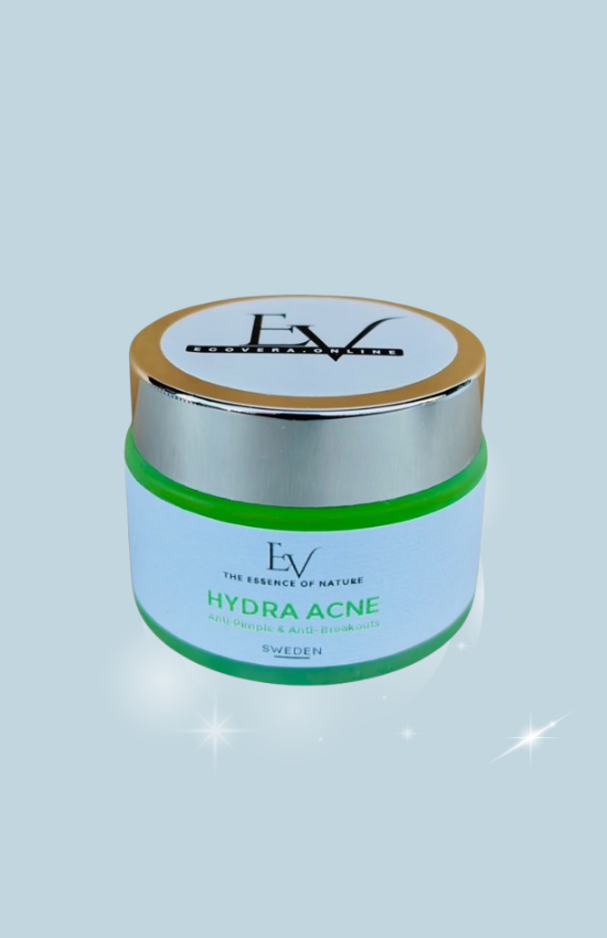 Hydra Acne Cream presented with lush greenery in the background, underlining its natural extracts like Tea Tree and Hemp Seed Oil that help combat acne and reduce inflammation.