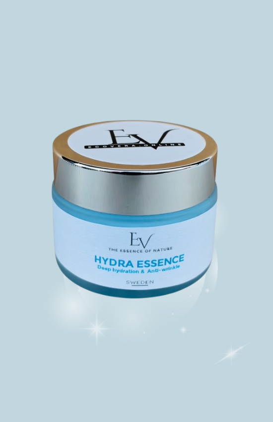 Hydra Essence Face Cream showcased with a serene natural backdrop, emphasising its deep hydrating properties and suitability for enhancing skin tone and texture.