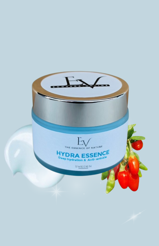 Close-up of Hydra Essence Face Cream on a plain background, highlighting its effectiveness in reducing wrinkles and minimising pores for all skin types.